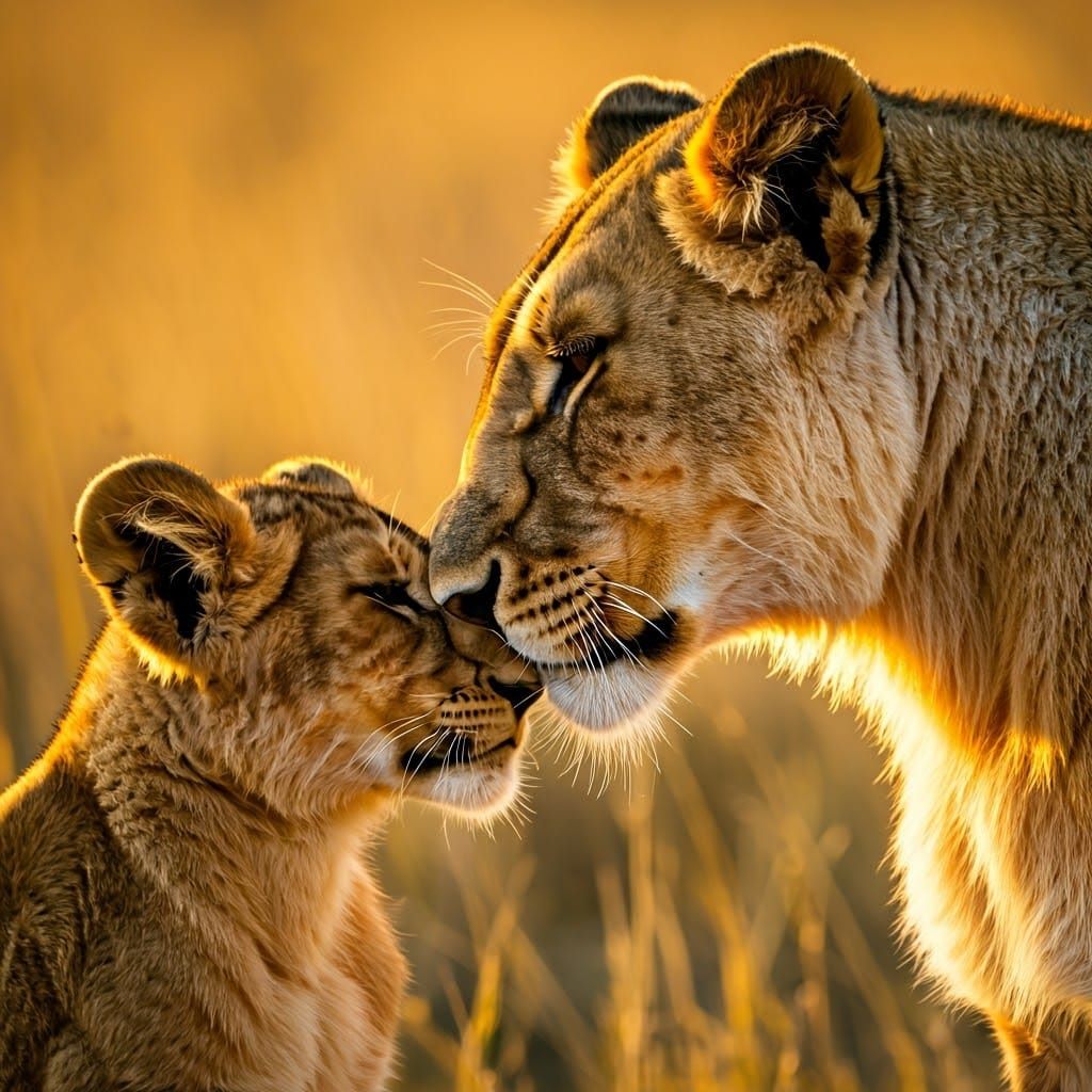 Lioness and Cub: Affectionate Moment in Golden Light