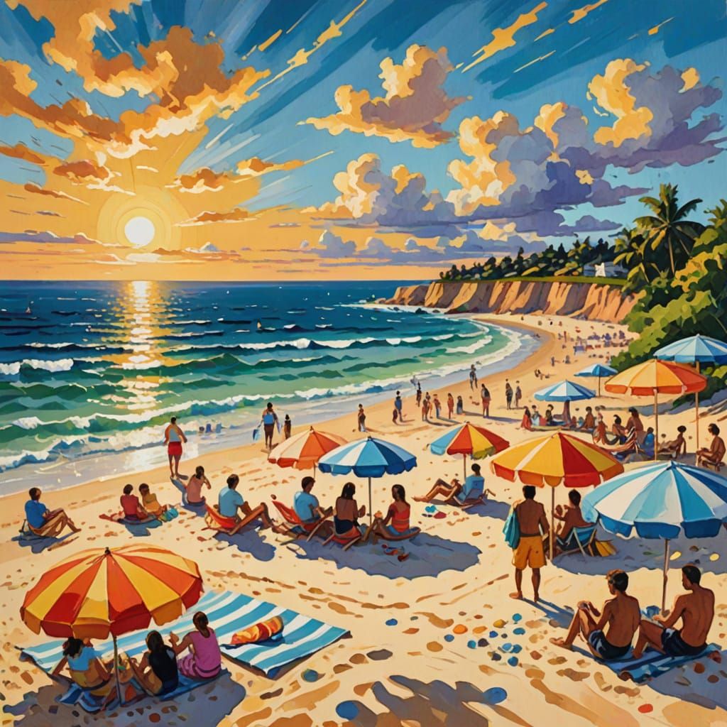 Colorful Beach Scene in Fauvist Gouache Style