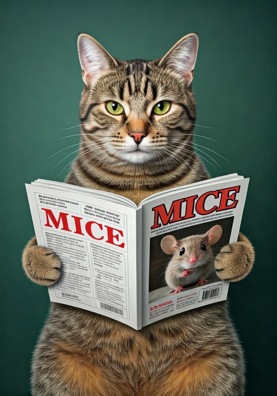 A cat reading a magazine titled 'Mice ' showing a mouse on the cover