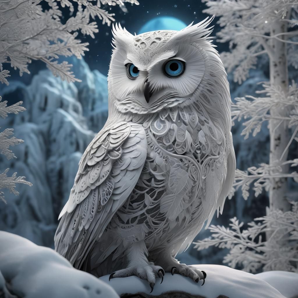Lace Owl in Ice Mountains: CGI Rendering