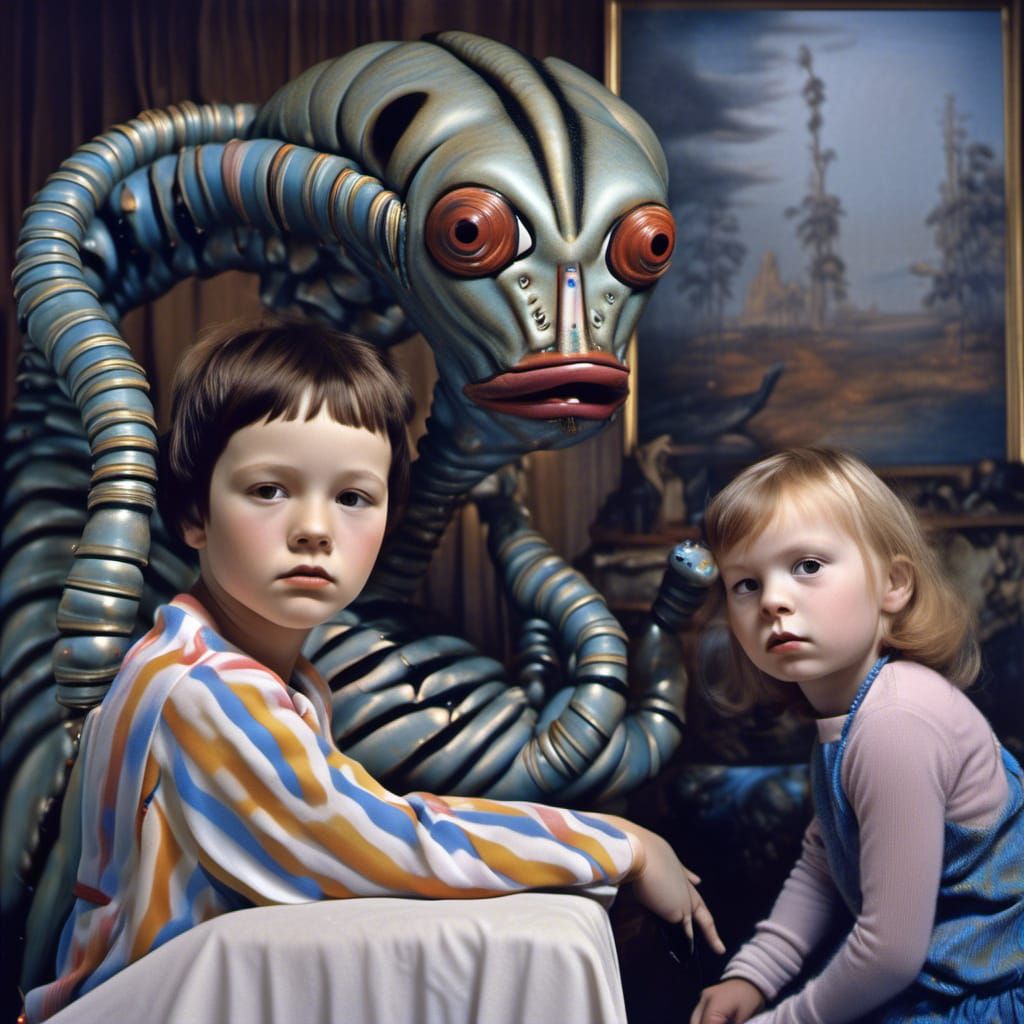 Happy Aliens with Pets: Hyperrealistic Bizarre Art