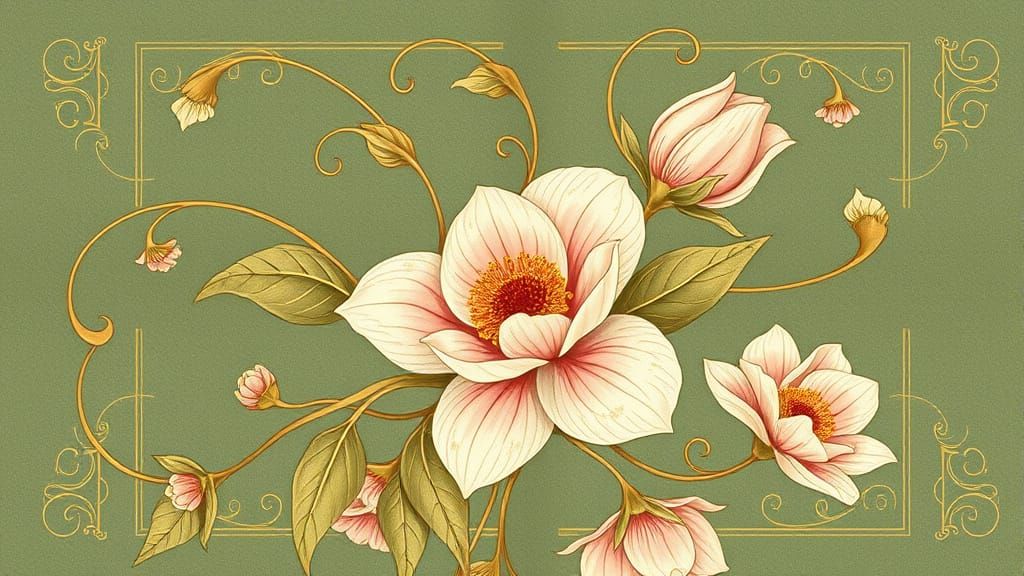 Art Nouveau Botanical Illustration with Flowing Lines