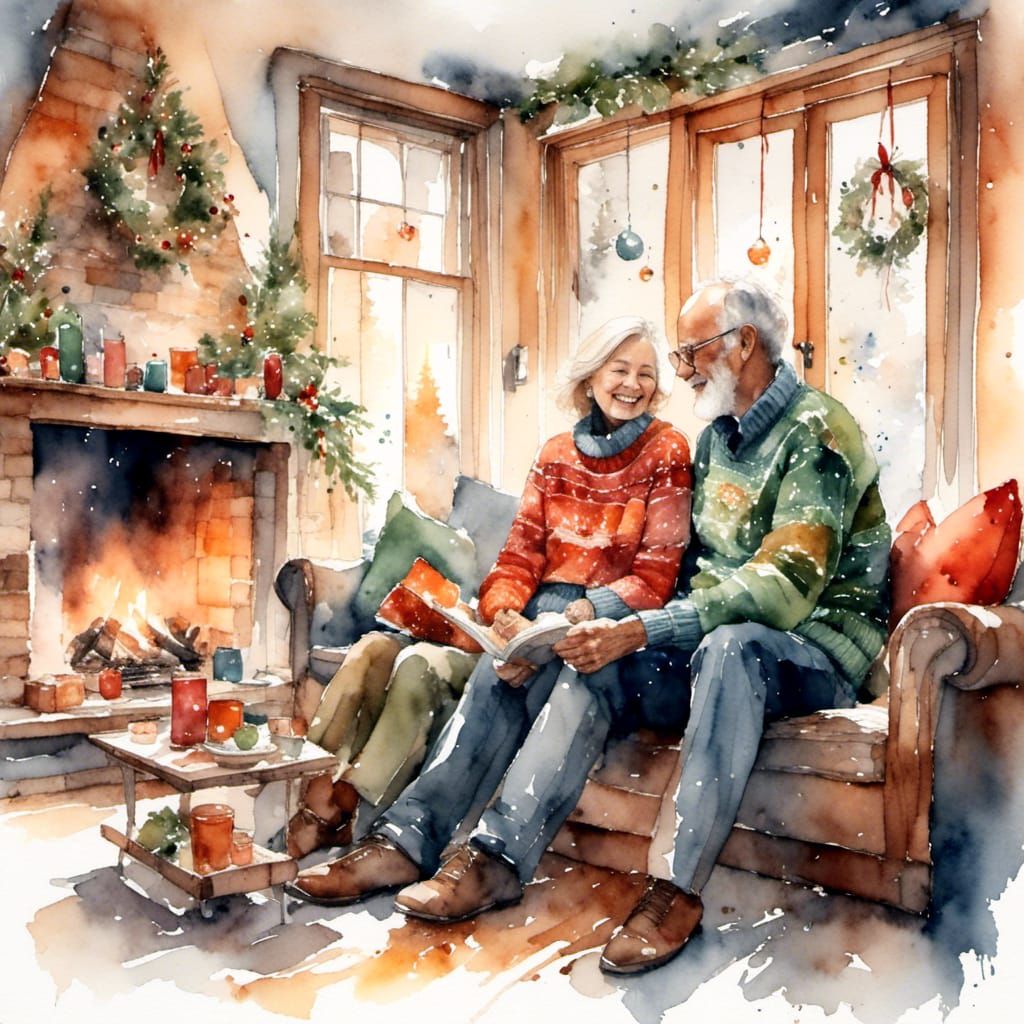 Cozy Christmas Fireside Scene in Watercolor Style