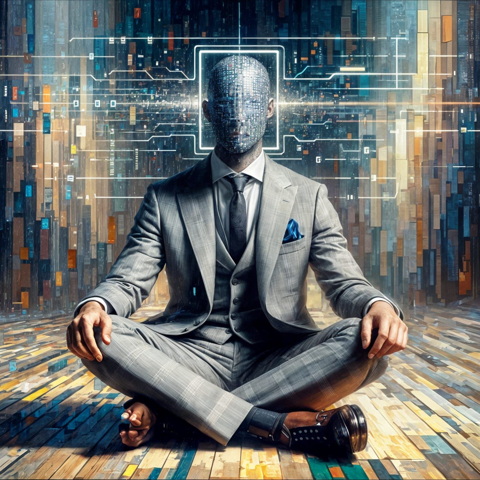 Faceless Man with Sci-Fi Interface in Maximalist Style
