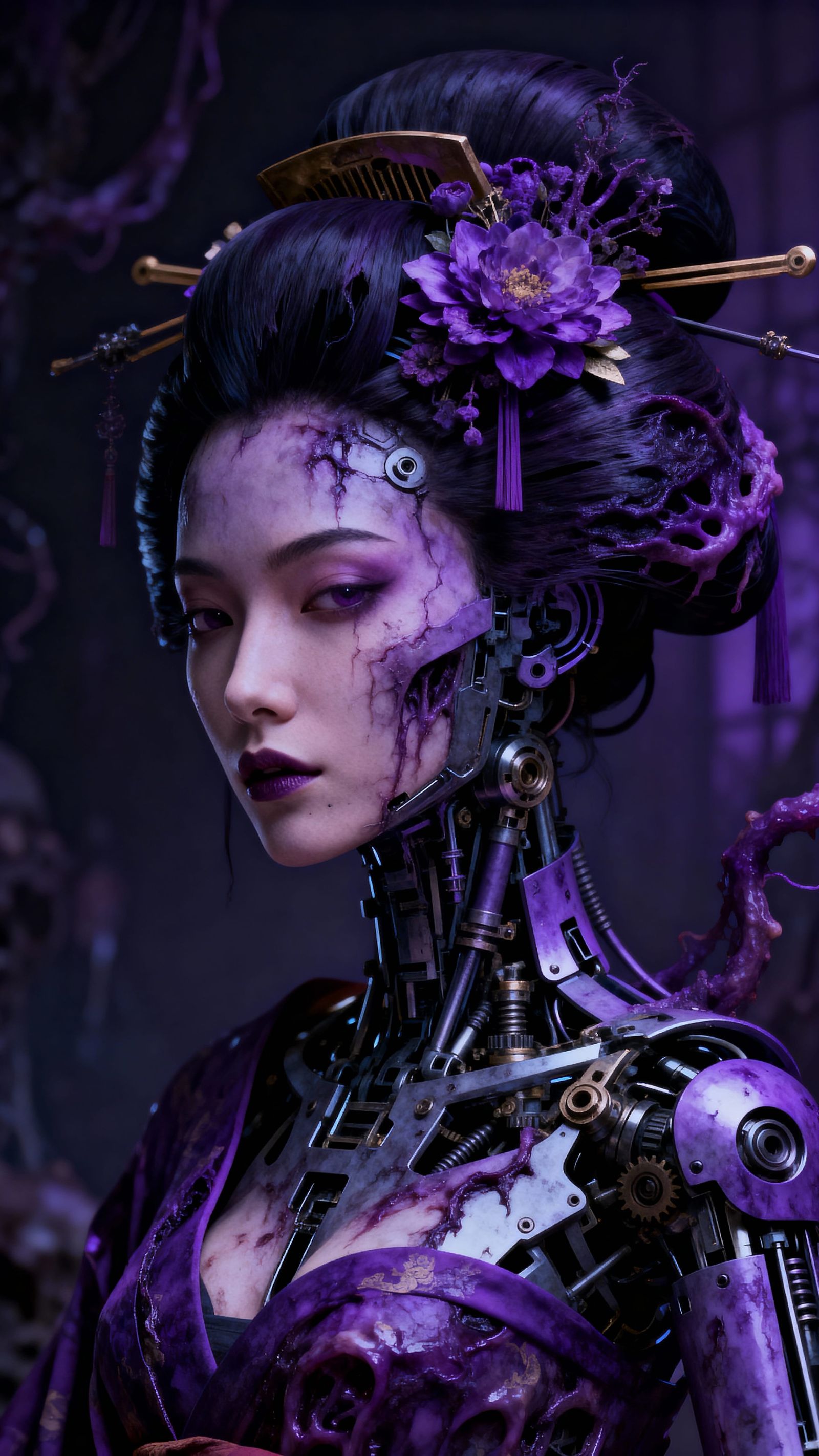 Gothic Robot Geisha in Biomechanical Style