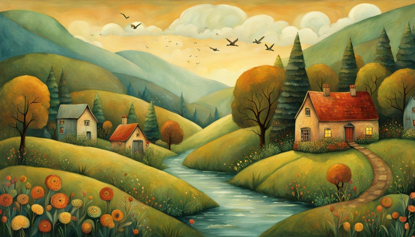 Whimsical Village Scene in Folk Art Style