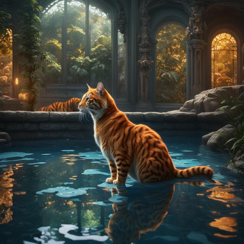Ginger Cat Sees Tiger Reflection