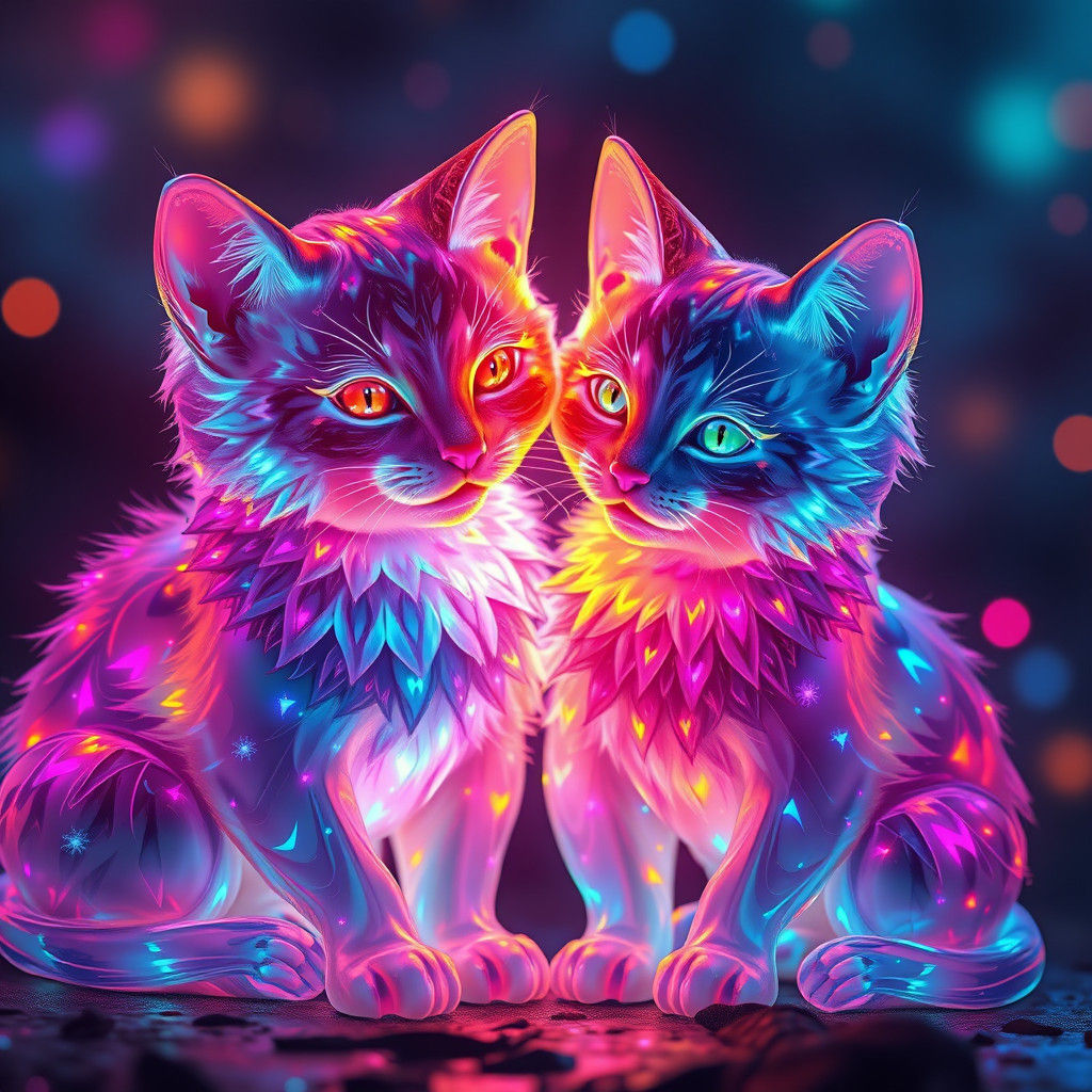 Bioluminescent Glass Cats in Love: Fantasy Concept Art