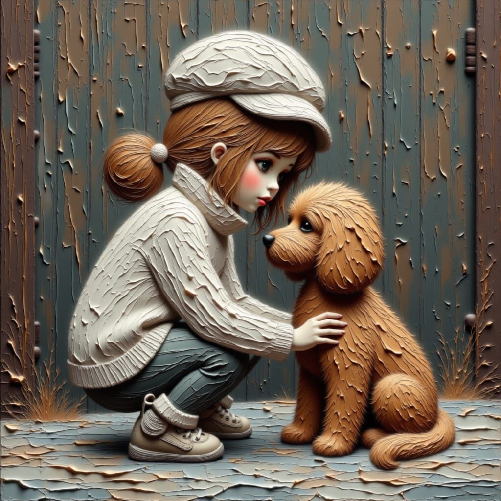 Whimsical Toddler with Golden Doodle Puppy in Oil Painting S...