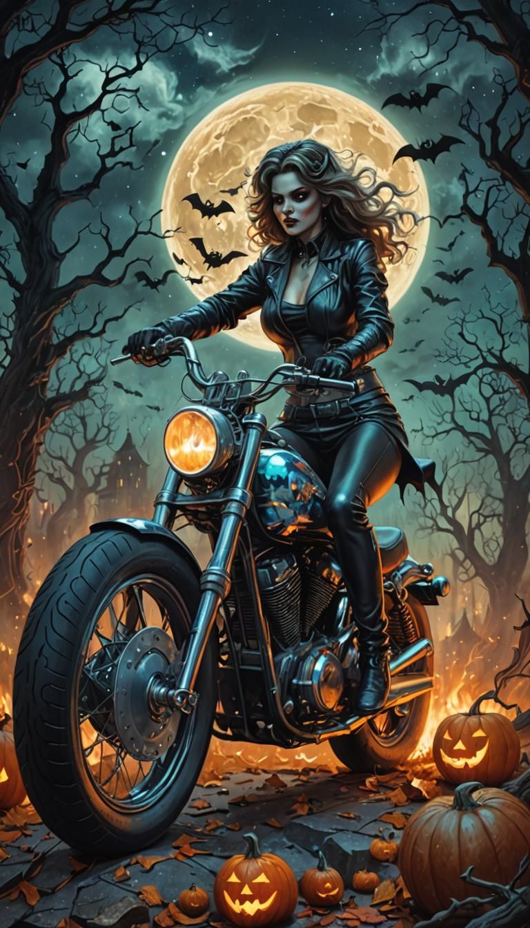 Halloween Motorcycle Pinup: Holographic Cosmic Illustration