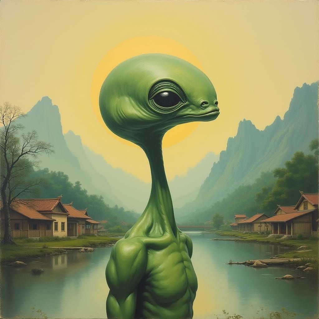 Alien in Chinese Landscape as Vintage Oil Painting