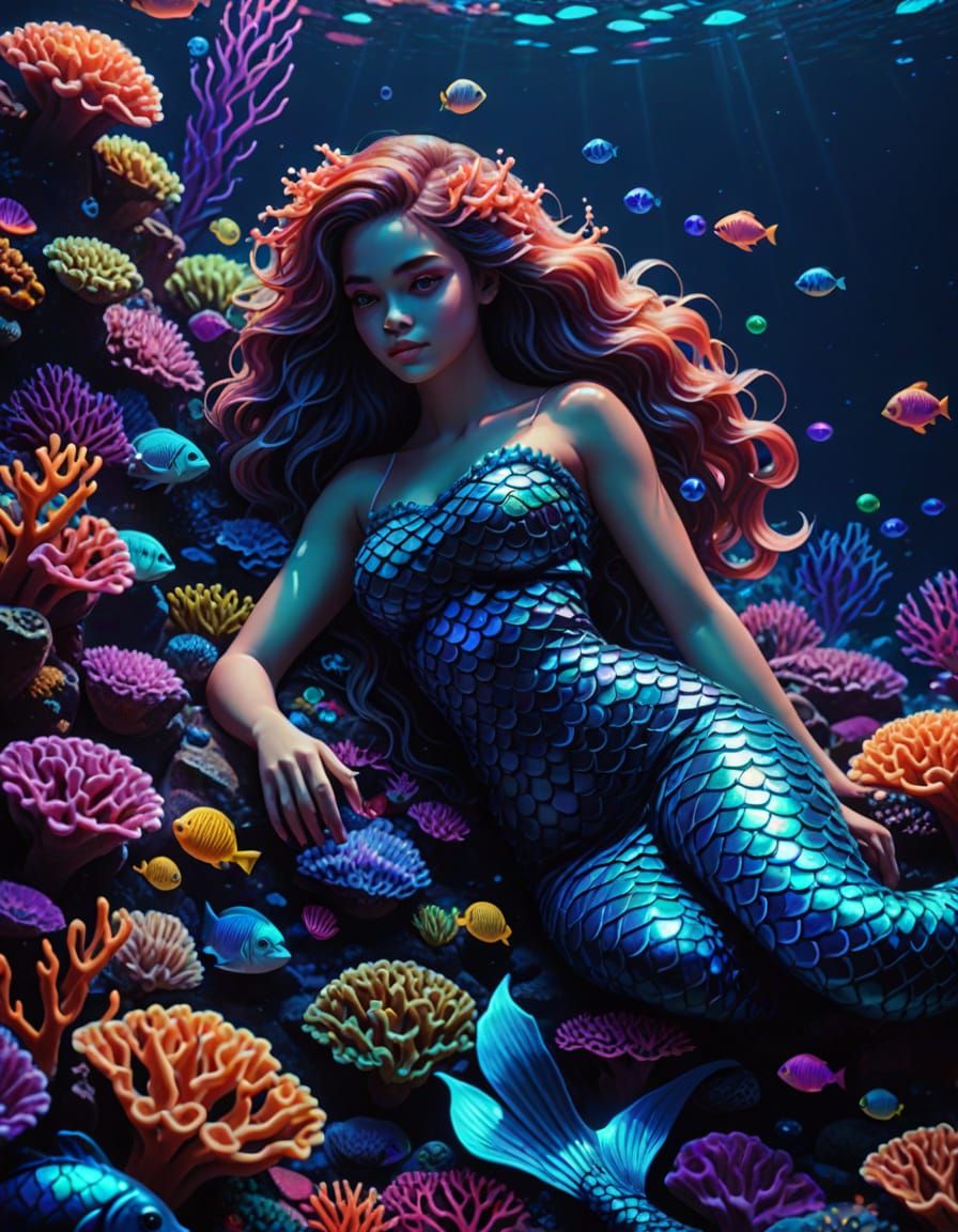 Mermaid on Coral Reef in Synthwave Neon Style