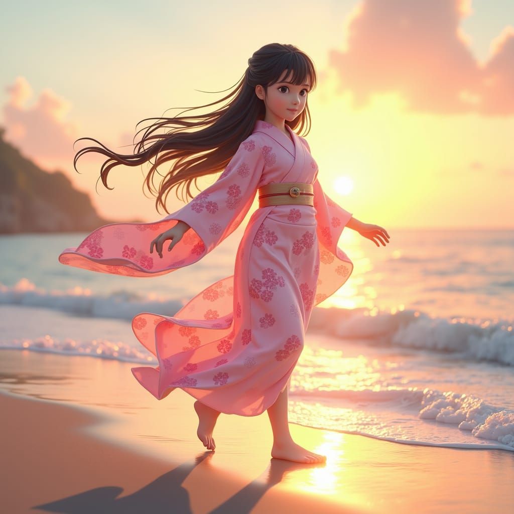 Girl in Pink Kimono on Sunset Beach: Anime Style