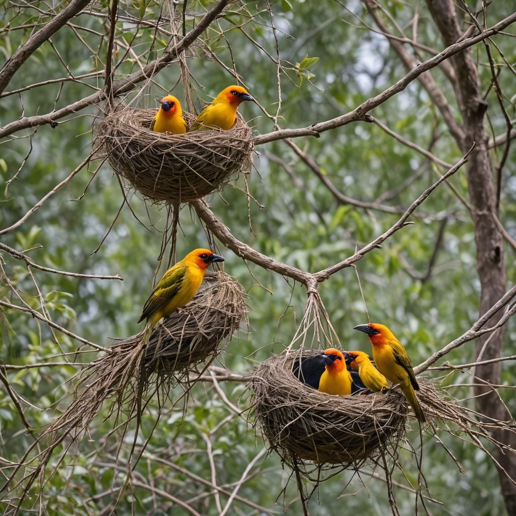 Weaver Birds Building Nest on Tree Limb