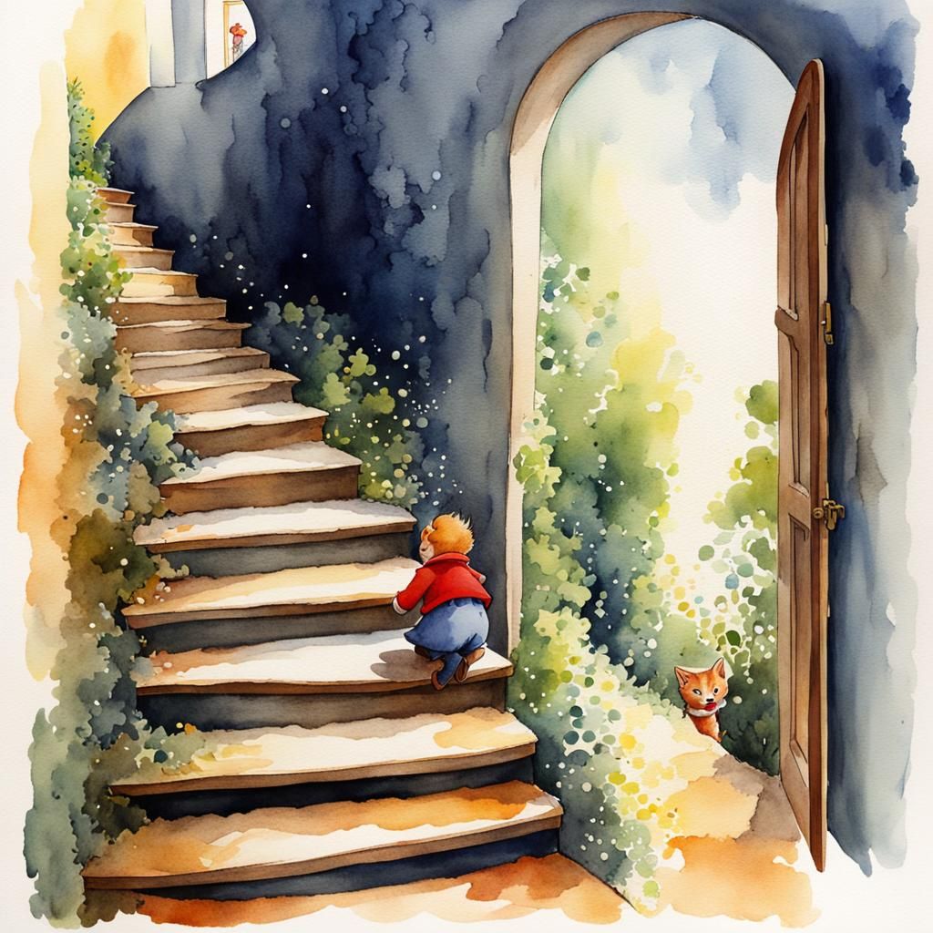 Watercolor Storybook Illustration of a Staircase