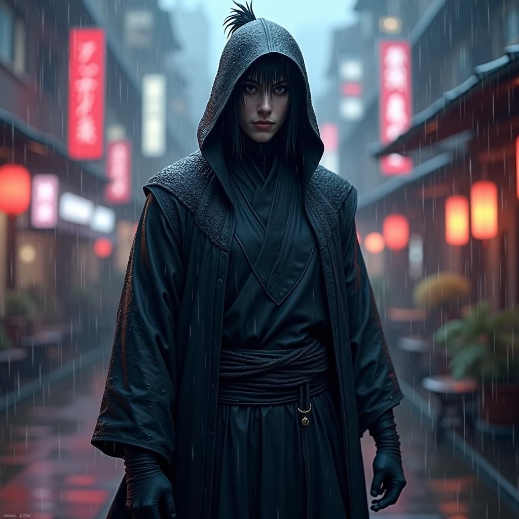 Uchiha Ninja in Rainstorm, Anime-Inspired 3D Art