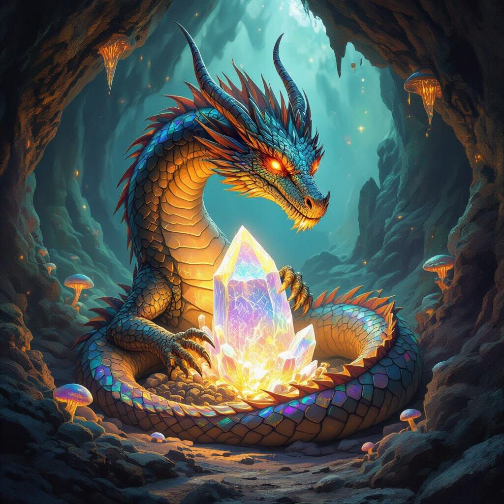 Dragon Coiled Around Crystal in Bioluminescent Cave