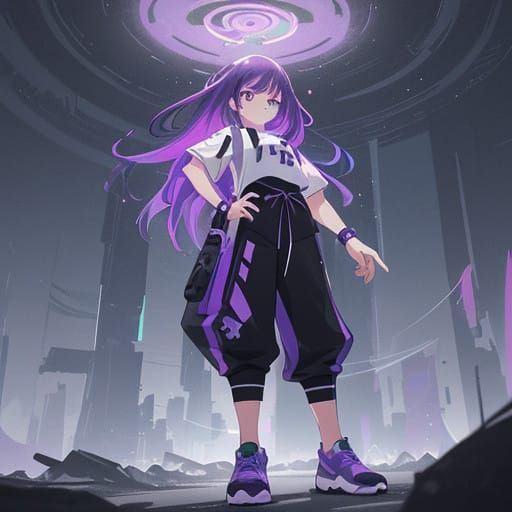 Sleek Female Bodybuilder in Vibrant Purple Hair and High-Fas...