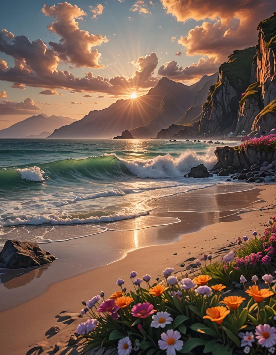 Picturesque Beach Sunset with Mountains and Cliffs