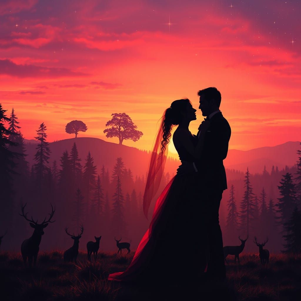 Romantic Couple's Silhouette Amidst Vibrant Sunset and Fores...