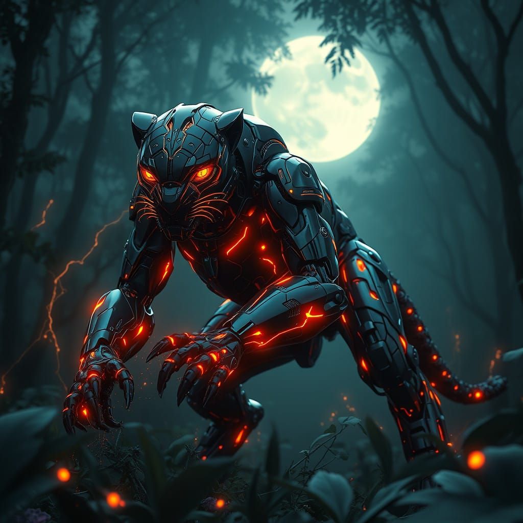 Sleek Cyberpunk Panther Robot in Dark Forest