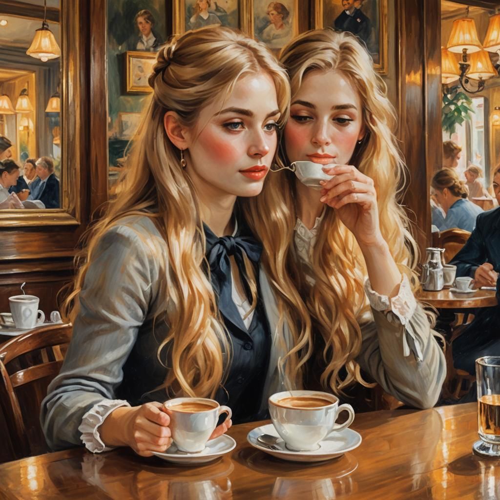 Blonde Woman in French Bistro: Renoir-Style Oil Painting