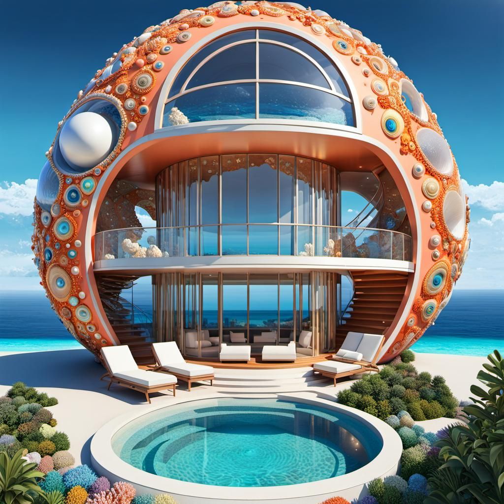 Futuristic Coral Snail House with Pool, Nouveau Art