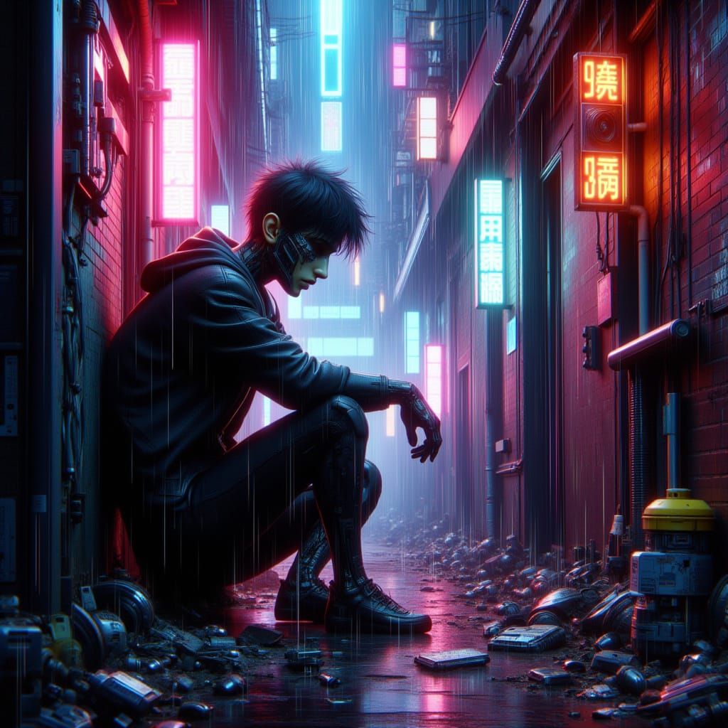 Anime cyberpunk twentysomething down-on-his-luck plucky gritty man sitting in an alley picking through discarded spare r...