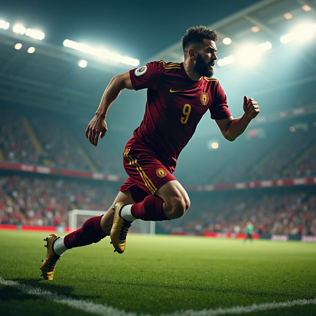 Footballer Sprinting in Stadium, Futuristic Style