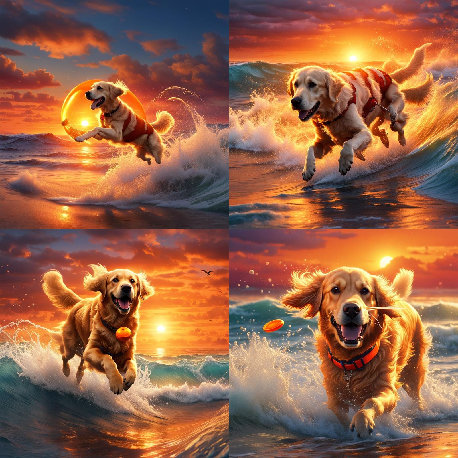 Golden Retriever Catches Frisbee at Sunset: Digital Art