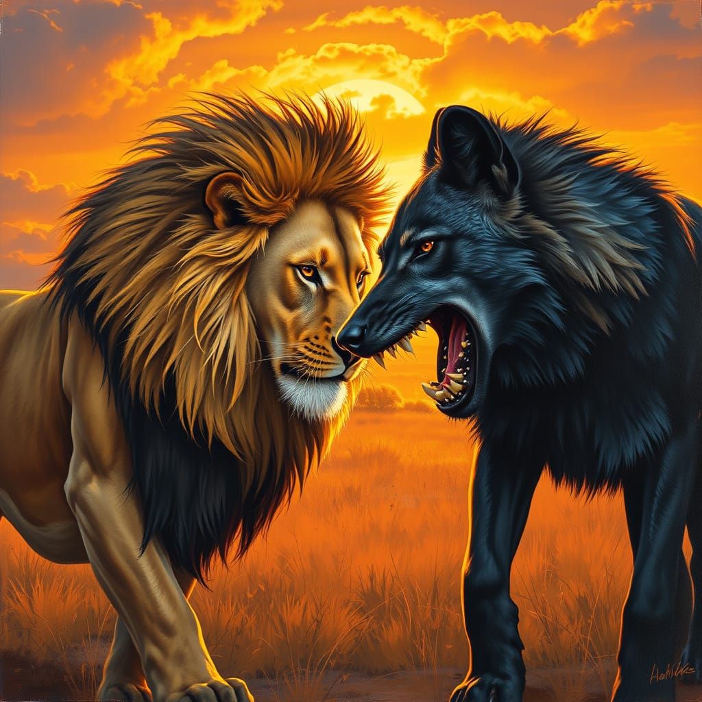 Majestic Lion and Regal Black Wolf Engage in Dramatic Stando...