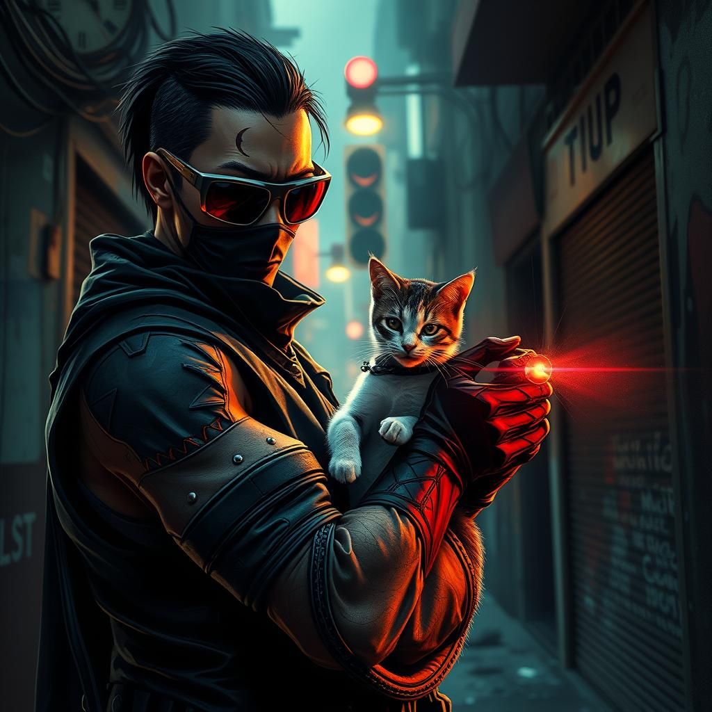 humannoide asesino cuidando a un  gatico