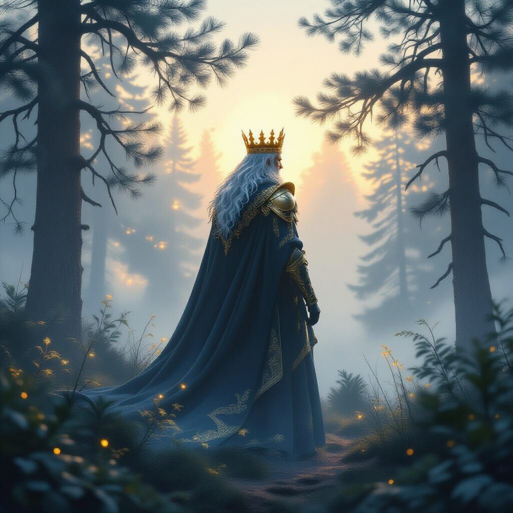 Majestic King in Ethereal Misty Pine Forest