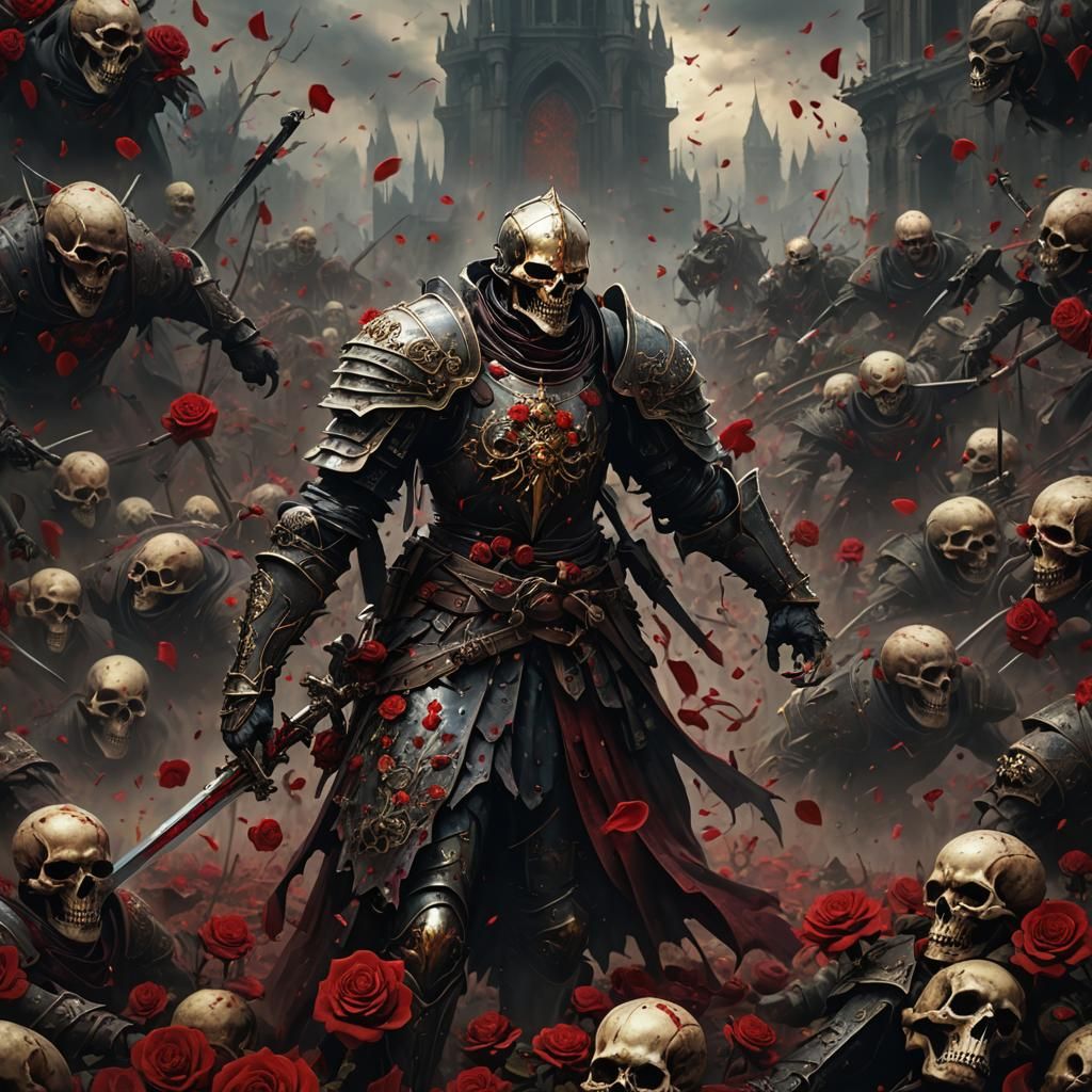 Bloodstained Knight in Skull and Rose Battlefield