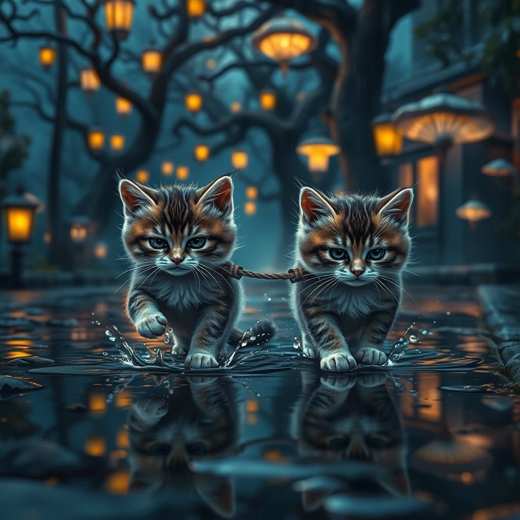 Whimsical Feline Duo on a Mystical Drizzly Street