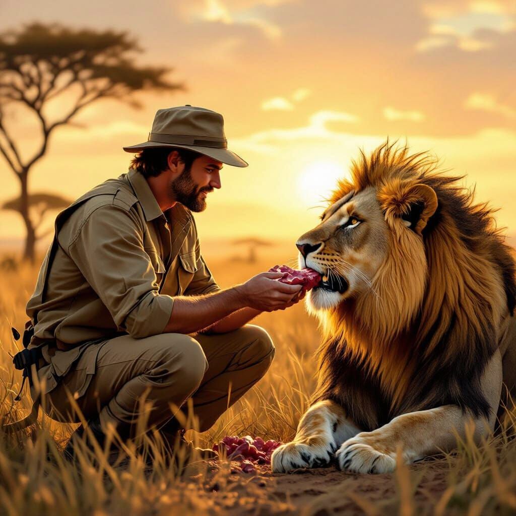 Man Feeding Lion in Savannah, Textured Painting Style