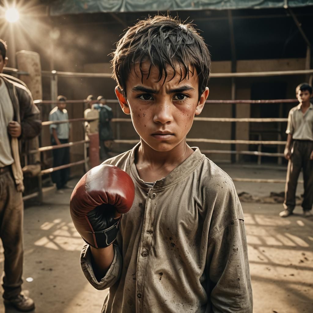 Intense Young Boxer in Afghan Ring: Hyper-Realistic