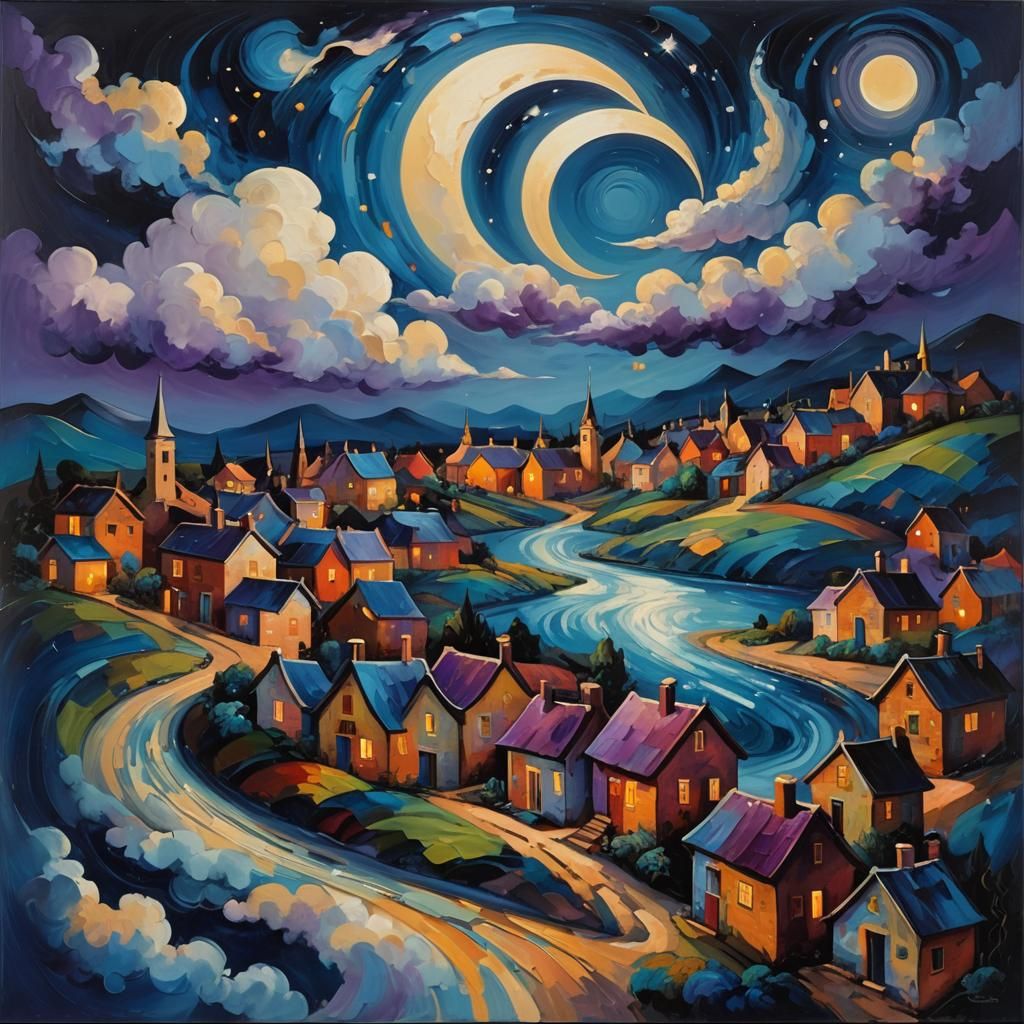 Surrealist Village Under Starry Zaffre Skies