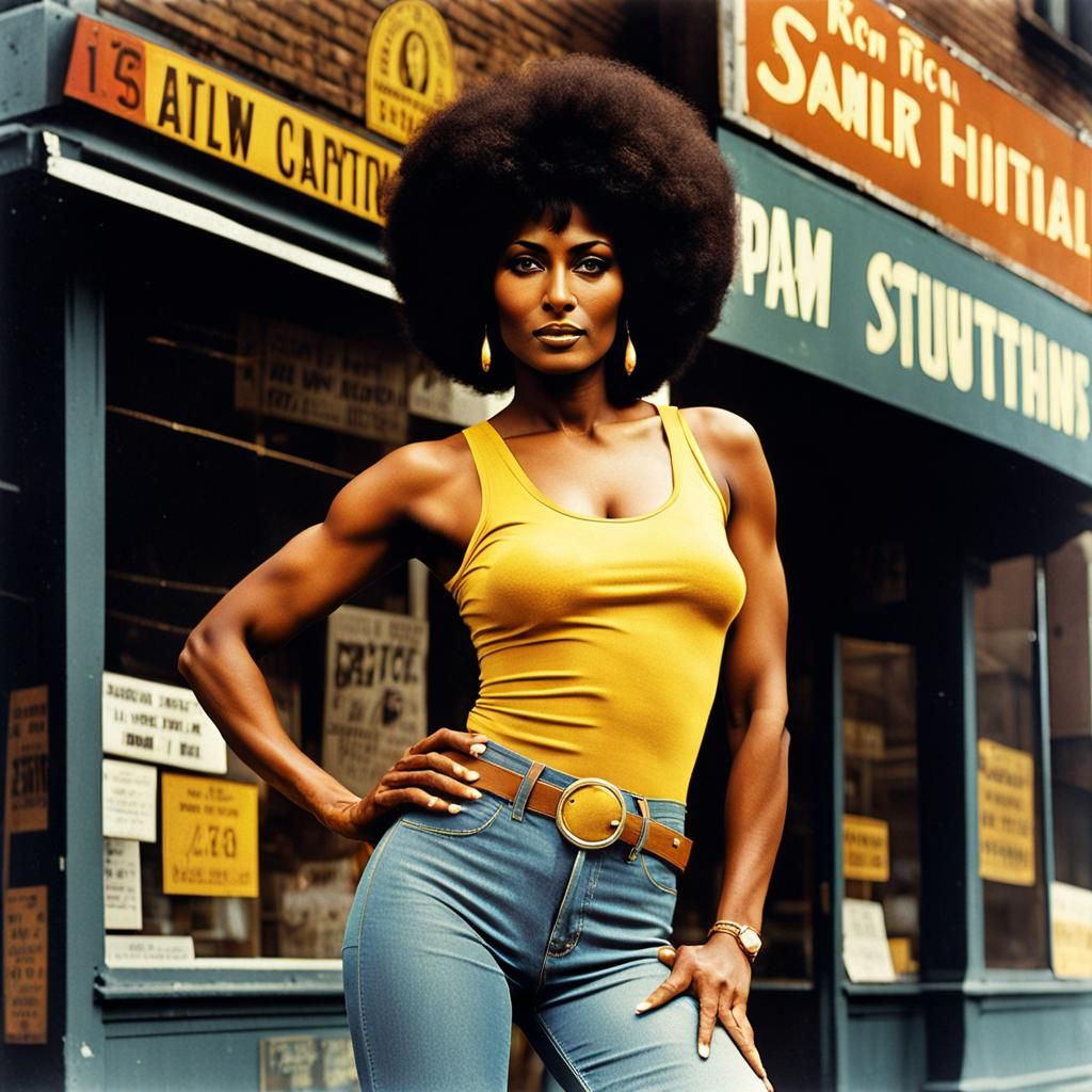 Retro action book cover in HArlem, NYC of beautiful African American woman with short bobbed hair, Pam Grier, delicate b...