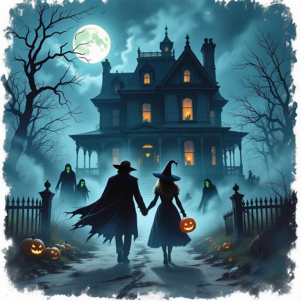 Scared Vampire and Witch Trick-or-Treat at Haunted House