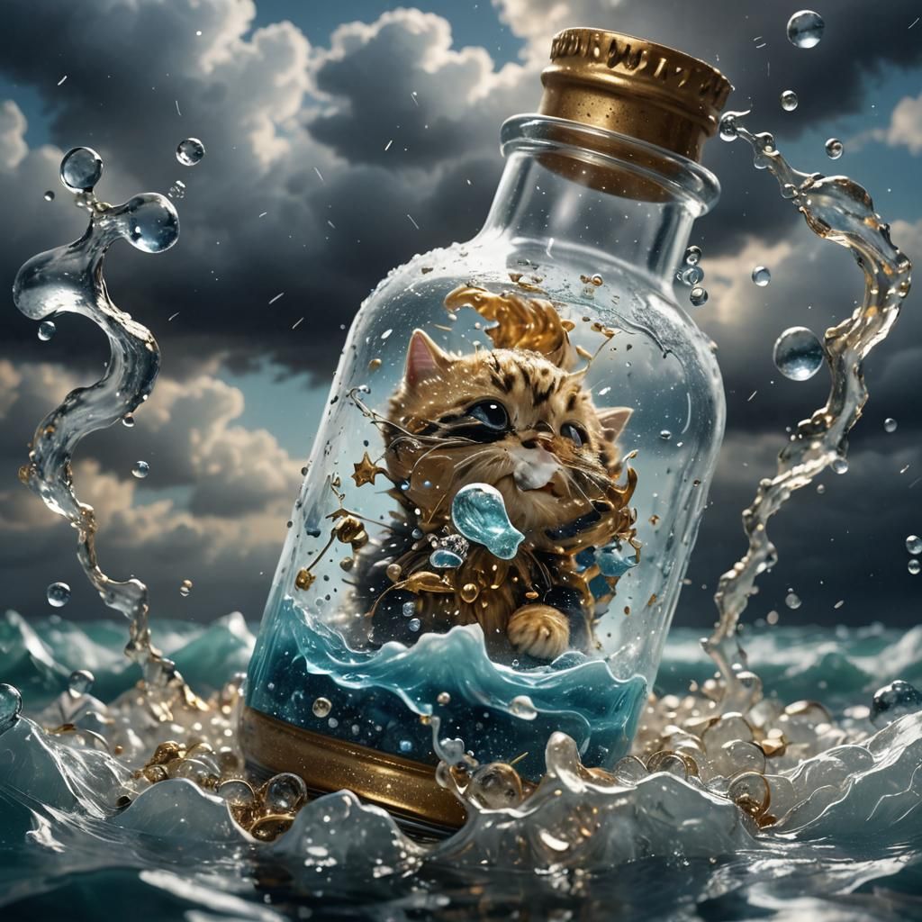 Kitten in a Bottle Floating on Stormy Sea