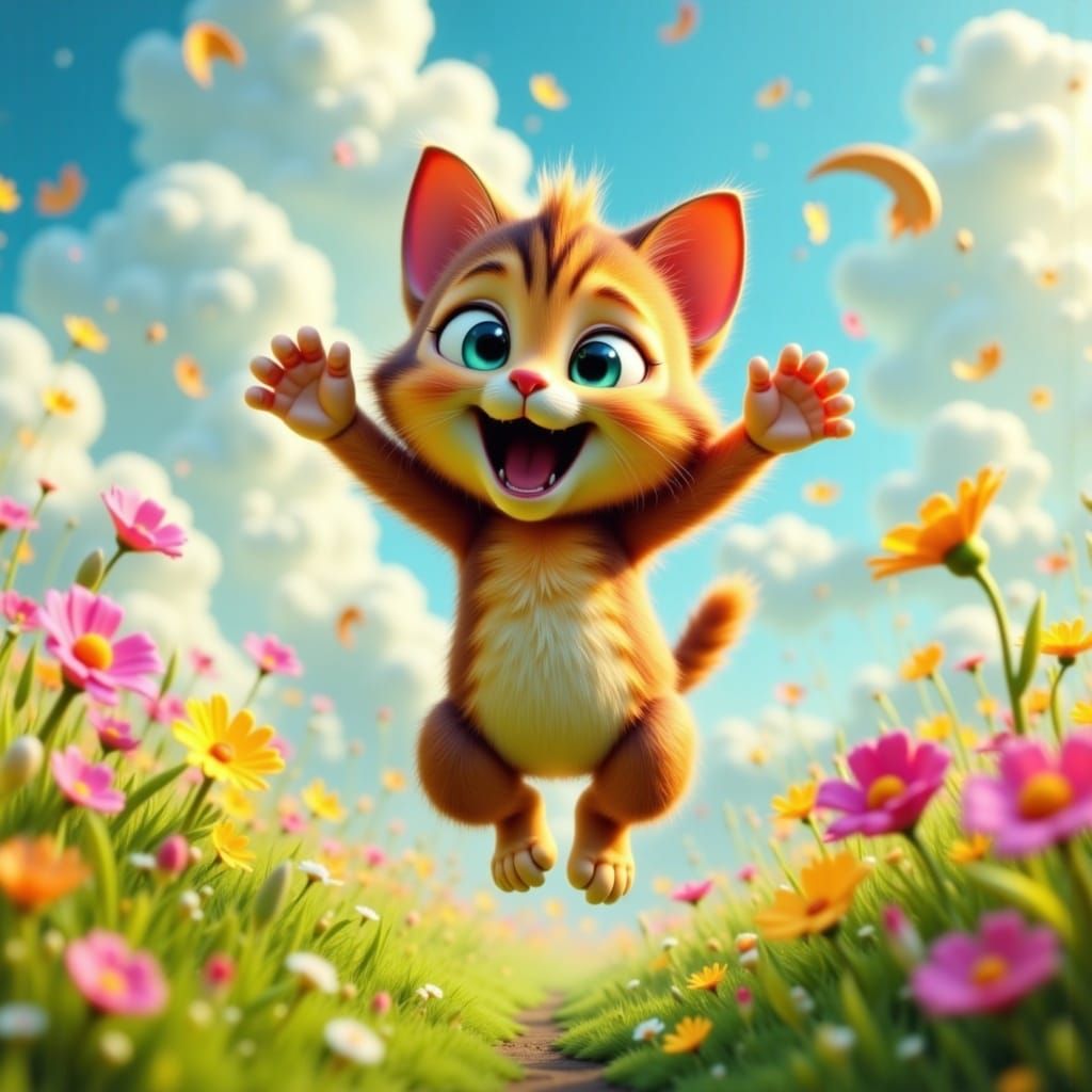 Happy Cartoon Cat Jumps in Wildflower Field