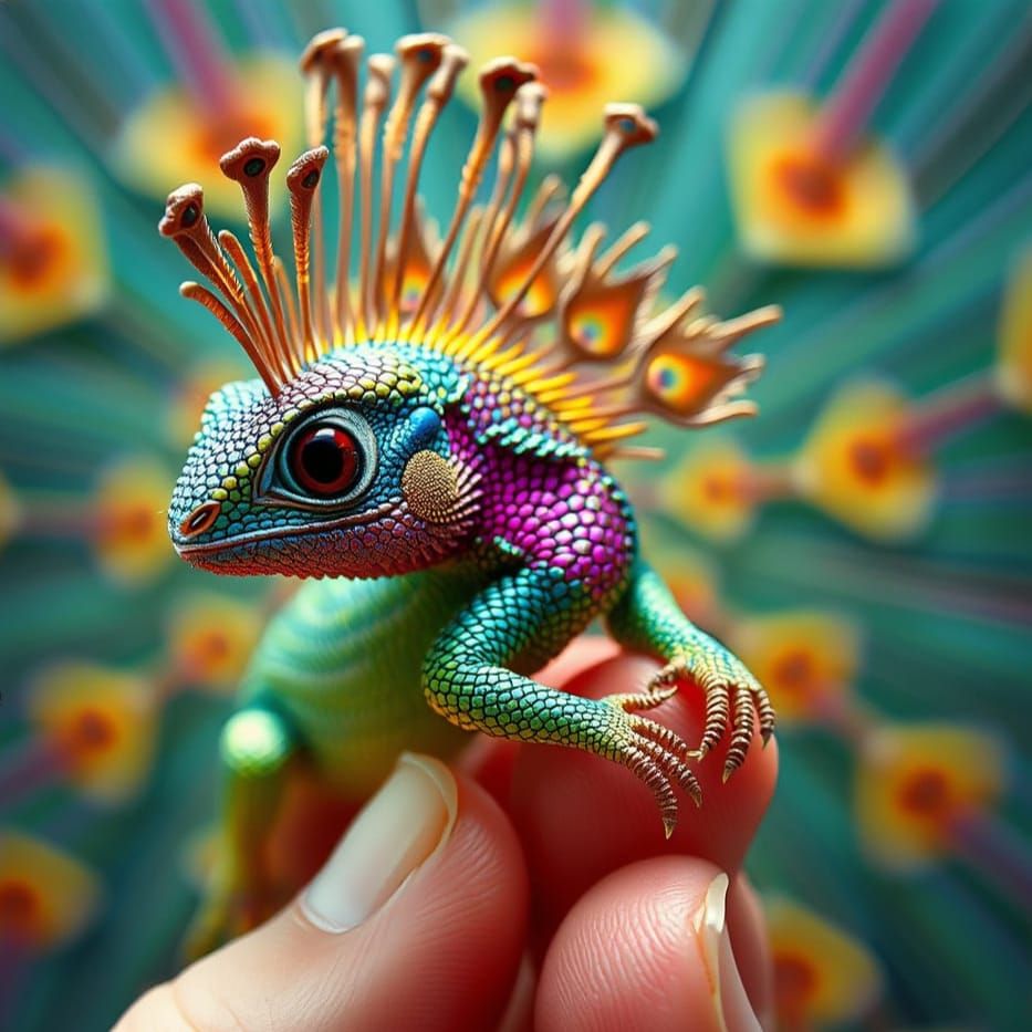 Iridescent Dragon-Peacock in Hand, Optical Art Collage