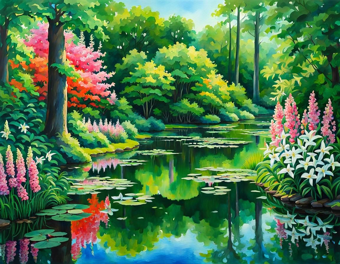 Luminous Flora in Summer Forest: Impasto Gouache