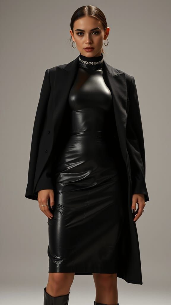 Elegant Black Latex and Leather Outfit in Studio Lighting