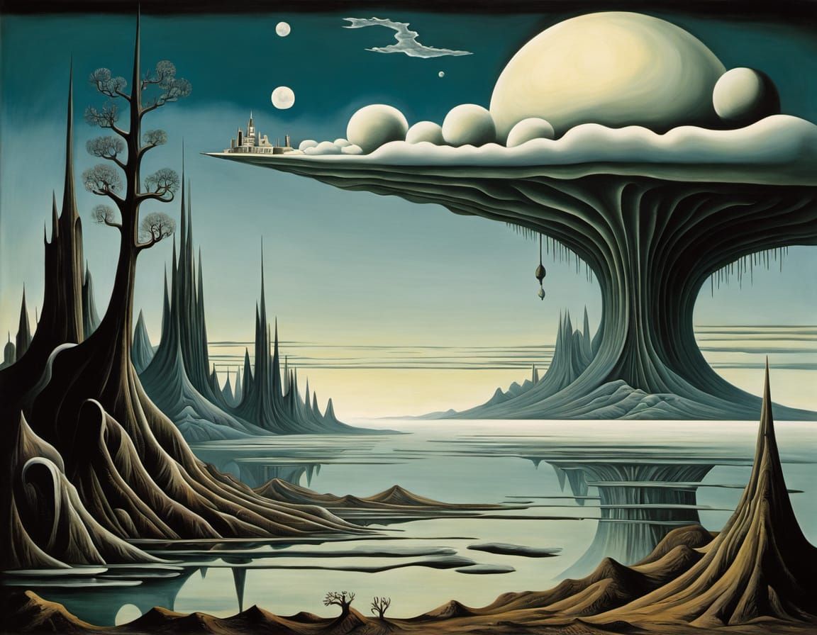 Surreal Landscape in the Style of Kay Sage and Otto Dix