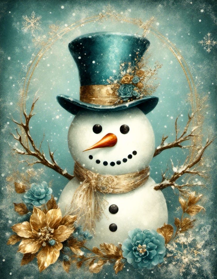 Vintage Christmas Snowman Floral Watercolor Illustration