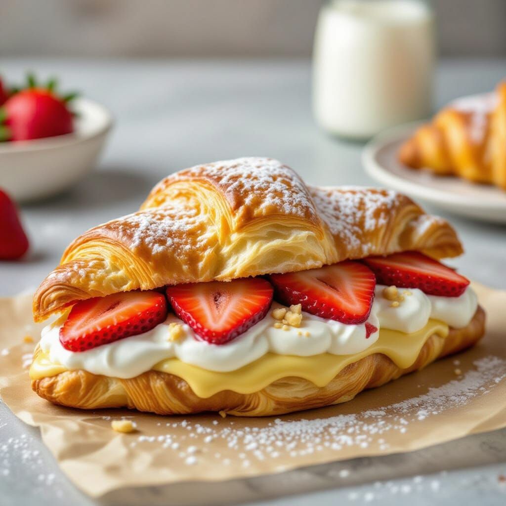 Delicious Croissant Sandwich with Strawberries and Chocolate...
