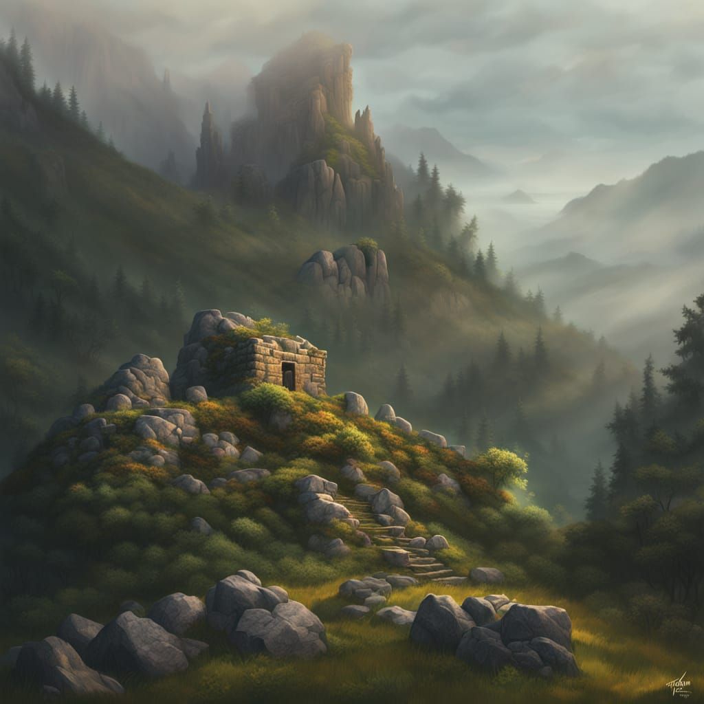 Mystical Ruin in Mountains at Golden Hour