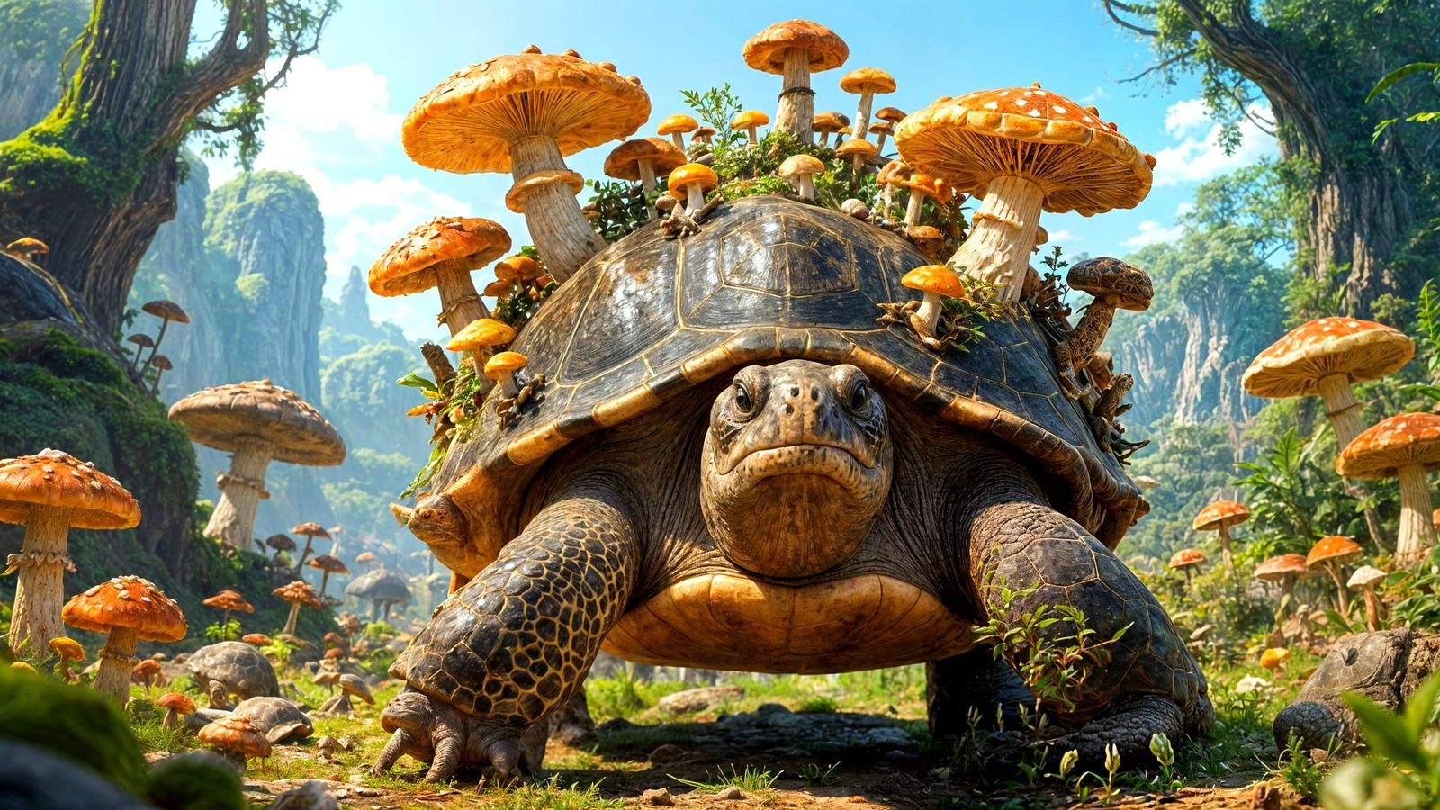 Colossal Turtle Carrying Ecosystem in Fantasy Landscape